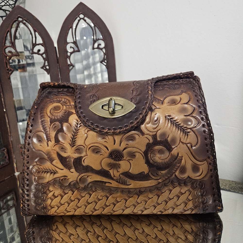 Artisan Brown Leather Clutch with Floral Design